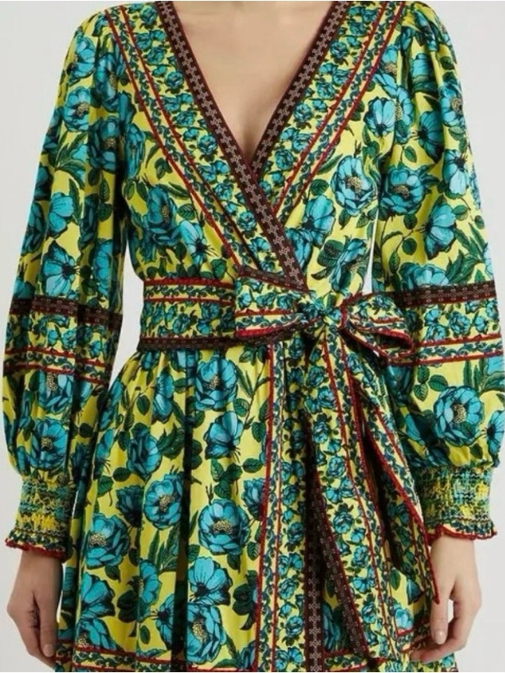 Alice + Olivia Yellow Floral Wrap Dress with Teal Blooms